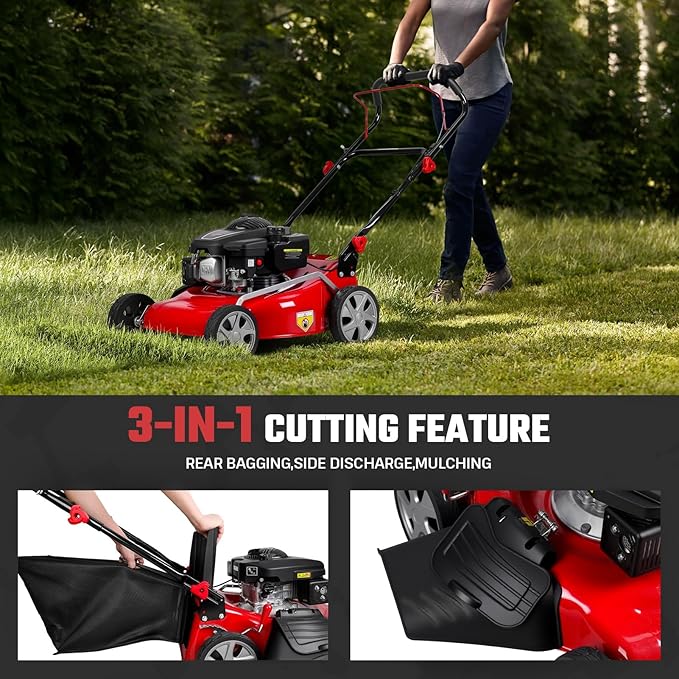 3 in 1 Self-Propelled Lawn Mower, 18 Inch 131cc Gas Powered Walk Behind Mower with Mulch/Side Discharge/Rear Bag, Rear Wheel Drive for Yard & Garden Red
