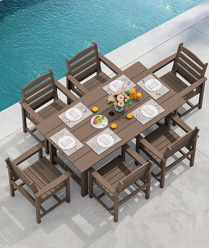 SERWALL Outdoor Dining Set for 6, HDPE Furniture Set with Umbrella Hole, All Weather Bench & Chairs, Coffee Table