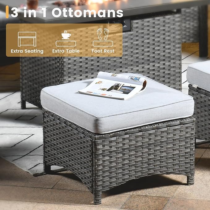 HOOOWOOO Patio Furniture Set,7 Piece Outdoor Furniture Set with Fire Pit Table,Wicker Patio Conversation Couch Swivel Chairs Ottoman Set,Light Gray