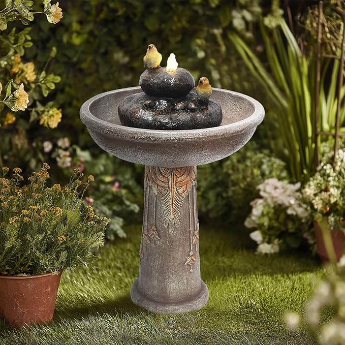 G-LEAF Outdoor Garden Bird Bath Fountain with LED Lights, Freestanding Waterfall Birdbath Garden Water Fountain for Backyard, Patio