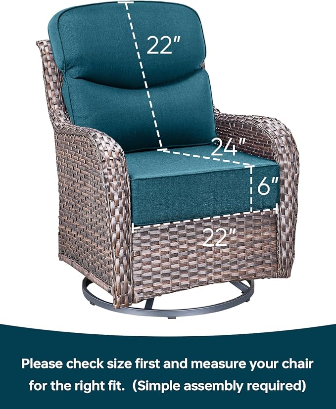 Luxury 22x24/22x25 6-Inch Smile Outdoor Cushions for Patio 5 Piece Set - Set of 5 Zippered Outside Pillows for Wicker Dining Rocking Gliders Loveseat Couch Sectional Sofa - Peacock Blue