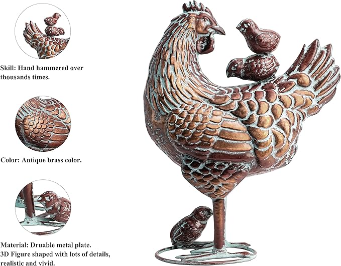 Metal Garden Chicken Sculpture Decor Antique Copper Rooster and Hen with Chicks Outdoor Statues Yard Art