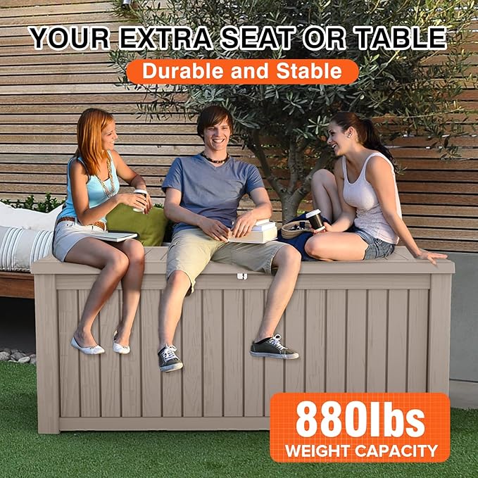 180 Gallon Waterproof Large Resin Deck Box Indoor/Outdoor Lockable Storage Container and Seating for Garden, Pool, and Patio (180 Gallon, Grey)