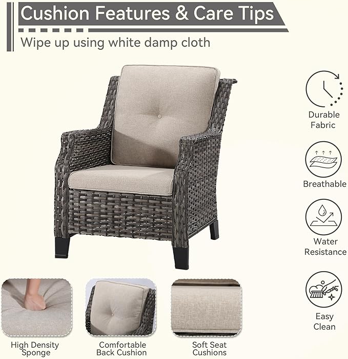 5-Piece Wicker Patio Furniture Set, 4 Armchairs and 1 Fire Pit, Conversation Set with Cushions, Beige