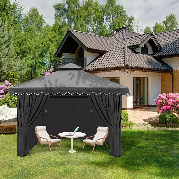 Gazebo Universal Replacement Privacy Curtain, 12'X14' Gazebo Curtains Outdoor Waterproof, 4-Panels Sidewall with Zipper for Patio, Garden and Backyard (Only Curtains, 12'X14', Black)