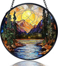 kdqua Mountain Suncatcher Stained Glass Window Hanging, Nature Sunset River Landscape Sun Catchers Indoor Window Glass Round Wall Decor, Mountain Wall Art Hanging Decorations Statues, 7.9x7.9in
