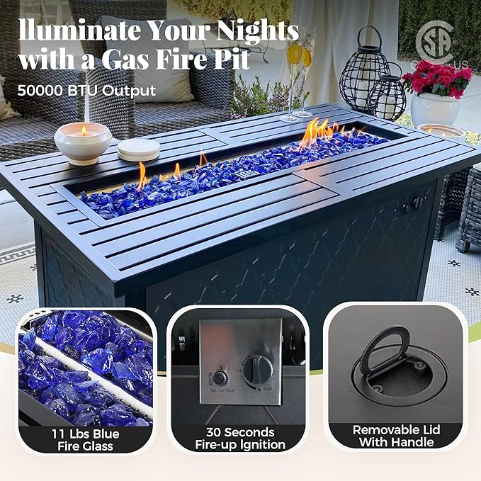 Patio Furniture Set with Firepit Table, 4 Pcs Metal Outdoor Conversation Set, 2 Single Chairs and 3 Seater Sofa with 5.75" Extra Thick Cushion and Gas Fire Pit Table for Backyard Deck, Blue