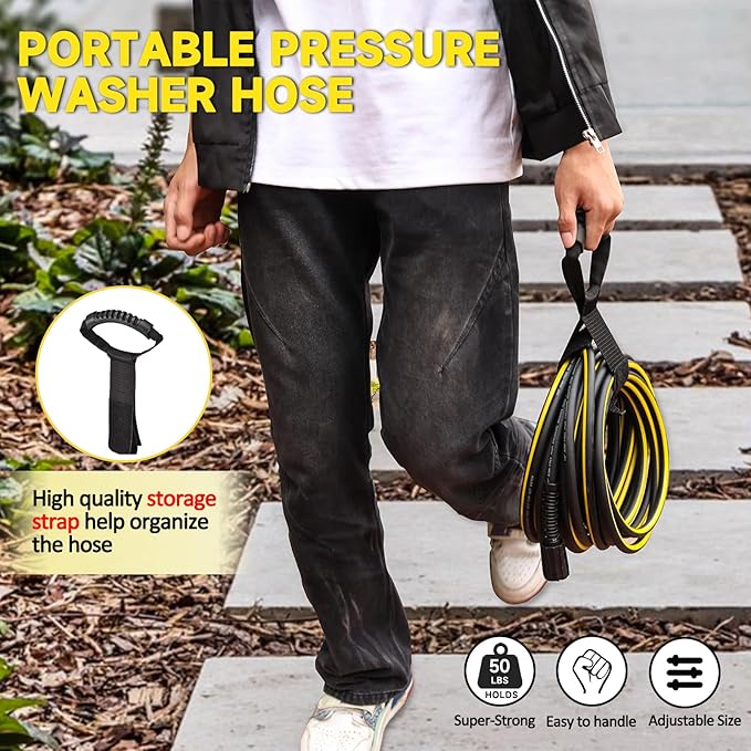 Pressure Washer Hose 50ft - 1/4" Flexible Power Washer Hose Kink Resistant,3600 PSI Leak-Free M22-14mm Extension Replacement Hose 5 Accessories with storage strap
