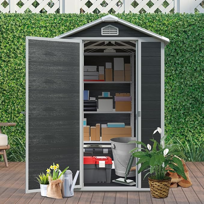 4x6ft Outdoor Storage Shed, Resin Patio Furniture Storage with Lockable Door, All-Weather，Garden Shed Kit with Reinforced Floor & Natural Light Window，UV Protection (Black, 4x6ft)