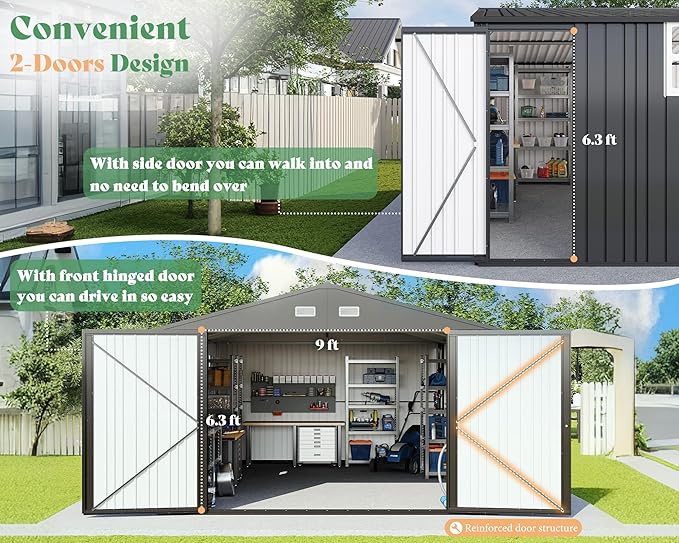 AMERLIFE 13x21x8 FT Heavy Duty Metal Garage Shed, Extra Large Outdoor Storage Shed with Double Hinged Doors, 4 Windows, Carport for Car, Truck, Bicycle and Garden Equipment, Dark Gray