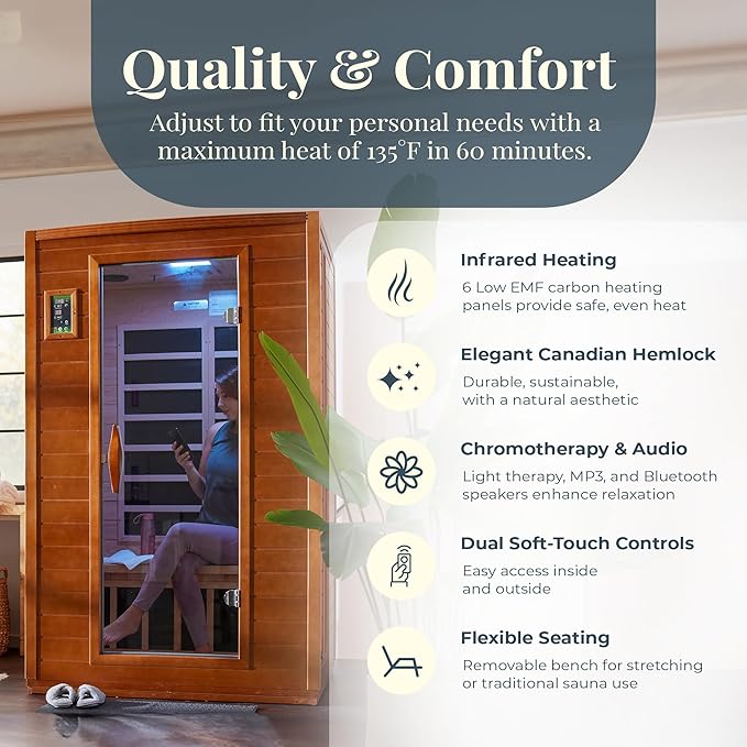 Dynamic Saunas Andora 2-Person Low EMF FAR Infrared Sauna with Red Light Therapy & Bluetooth Speakers | Personal Indoor Dry Heat Sauna for Home & Gym – Made from Canadian Hemlock