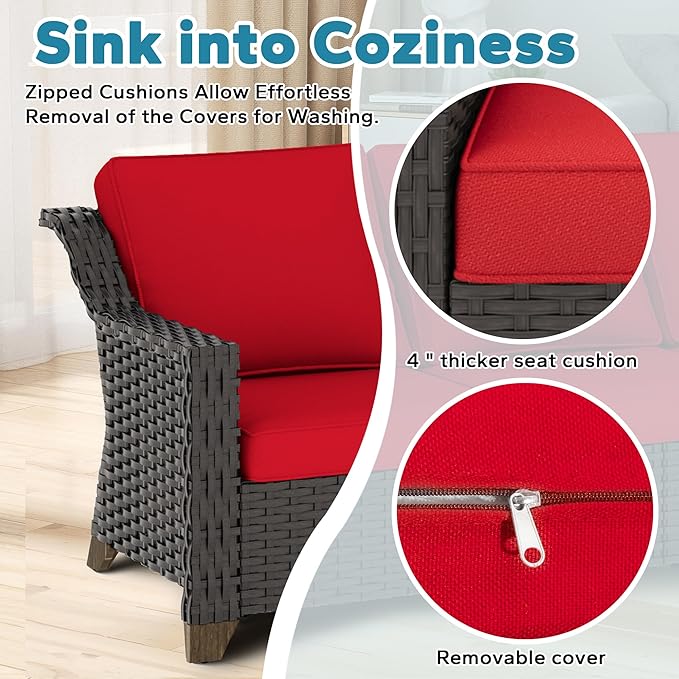 Patio 2 Pieces Chairs Set of 2 with Removable and Washable Covers，Outdoor PE Rattan Wicker Armchairs with Water-Resistant Cushions for Porch, Balcony, Sunroom (Red)
