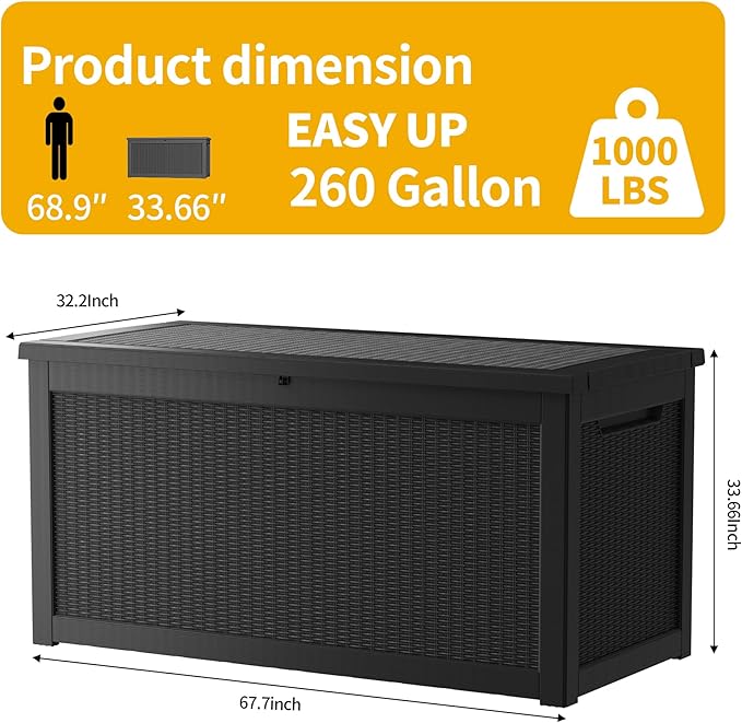 320 Gallon Waterproof Large Resin Deck Box Indoor/Outdoor Lockable Storage Container and Seating for Garden, Pool, and Patio (320 Gallon, Black)