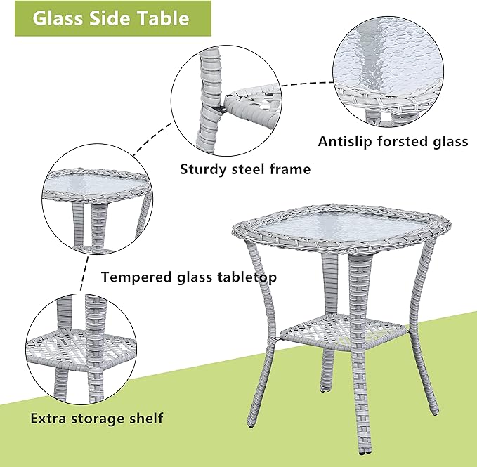 Outdoor Patio Swivel Rocker Chairs - 3 Piece Patio Bistro Set,Wicker Patio Furniture Set with 2 Swivel Rocking Chairs and 1 Glass Top Side Table for Deck Porch Garden,Light Grey/SkyBlue