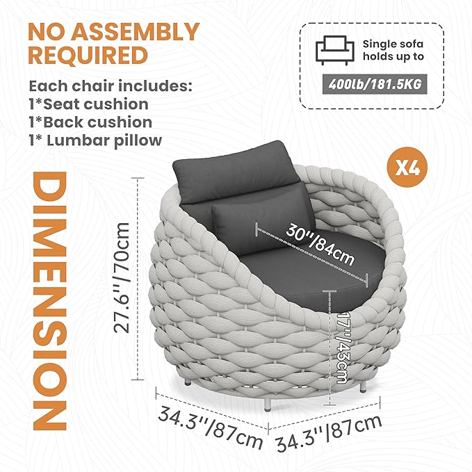 4 PCS Porch Furniture Chair: Patio Accent Chair Aluminum - Woven Rope Cushioned Armchair Assembled - Modern Lounge Single Chair - All Weather 400lbs for Deck Balcony Yard Garden Hotel Poolside