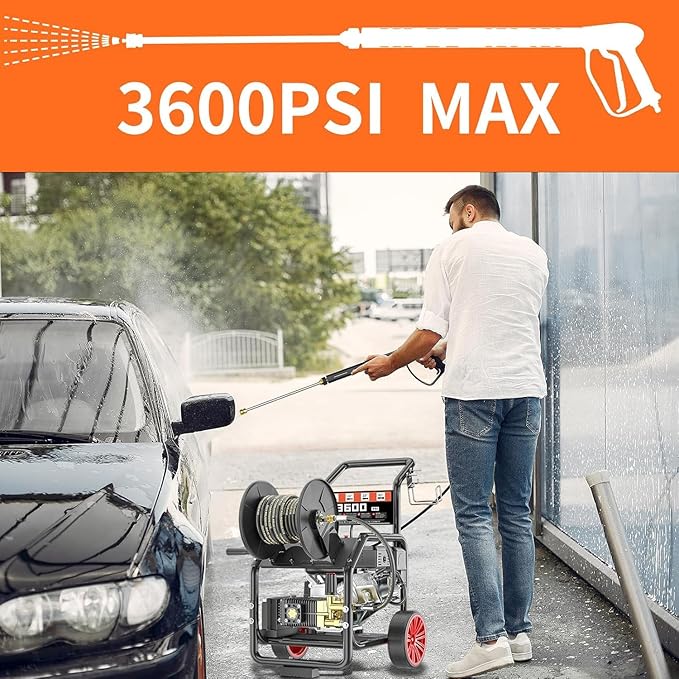 3600PSI Gas Pressure Washer with Hose Reel, 3.3 GPM, One-Button Electric Start 212cc 7HP Commercial Pressure Washer with 50FT 3/8" Hose, Spray Gun & Wand, 5 Quick Connect Nozzles