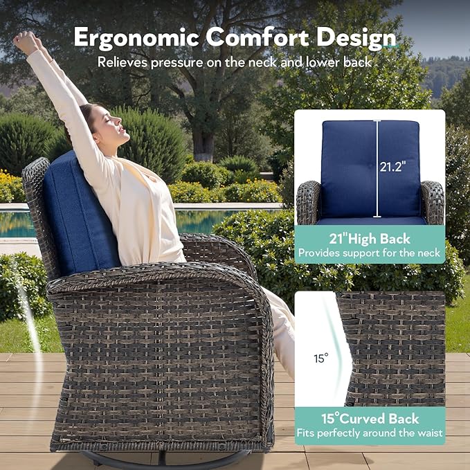 Outdoor Swivel Glider Rocker Chairs Set of 4 - Wicker Patio Furniture Set All Weather Patio Conversatio Sets with 2 Tempered Glass Side Table for Deck Backyard - Brown Wicker Blue Cushion