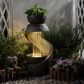 31.9" S-Shaped Water Outdoor Fountain–Modern Cascading Waterfall Feature with LED Lights & Planter Bowl, Garden Fountains Outdoor for Patio, Balcony, Yard or Home Decor, Resin Waterfall
