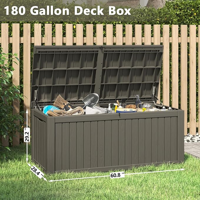 NUNU LAB 180 Gallon Outdoor Storage Box, Large Resin Deck Box with Double Wall Panels, Waterproof Patio Storage Bin for Garden Tools, Pool Accessories, Package Deliveries & Outdoor Gear,Grey