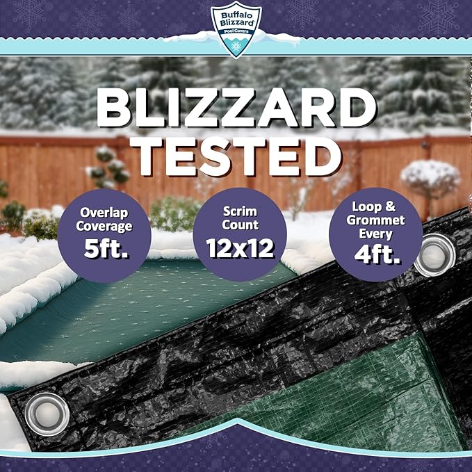 Buffalo Blizzard Supreme Plus 25 ft x 50 ft Rectangular Winter Pool Cover | Green/Black | Heavy Duty for Above Ground Swimming Pools | Easy Install | Cold & UV Resistant | Seasonal Debris Protection