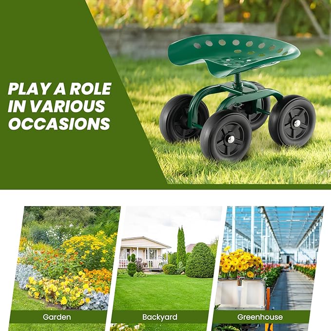 LDAILY Garden Seat with Wheels, Heavy-Duty Utility Stool Cart with Adjustable 11"-16" Height & 360° Rotatable, Rolling Garden Cart with Seat for Lawn Planting, Yard Work, Patio Gardening (Green)