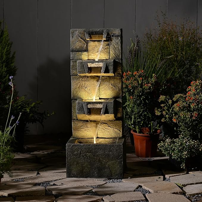 32.2 Inch Outdoor Water Fountain 3-Tiers Garden Waterfall Fountain Outdoor Cascade Water Feature with Lights and Pump for Garden Patio Porch Yard Pool Home Decor, Gift