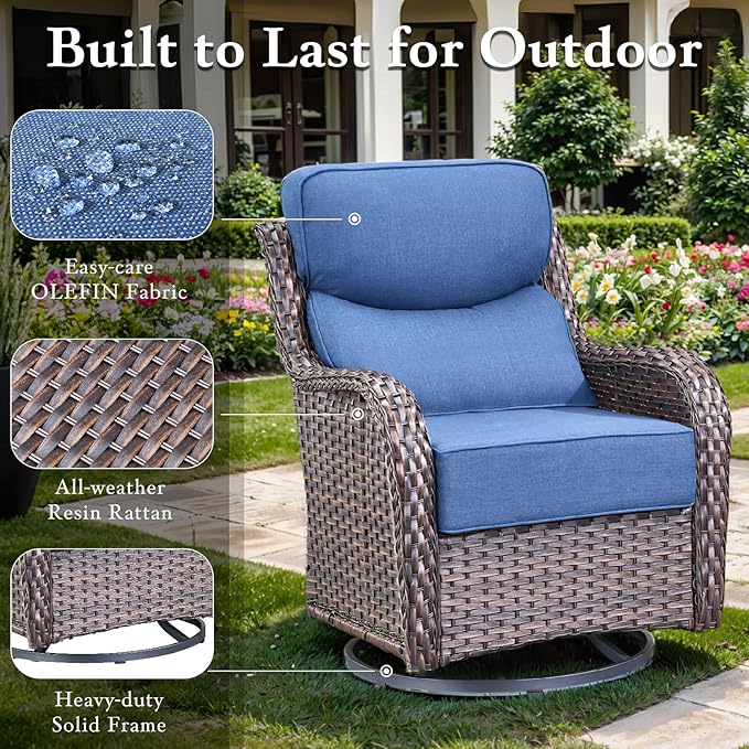 Luxury Outdoor Swivel Rocker Patio Chairs Set of 2, High Back Swivel Patio Chairs with 6-Inch Thick Cushions, Wicker Outdoor Glider for Porch, Yard, Deck, Poolside, Brown/Blue