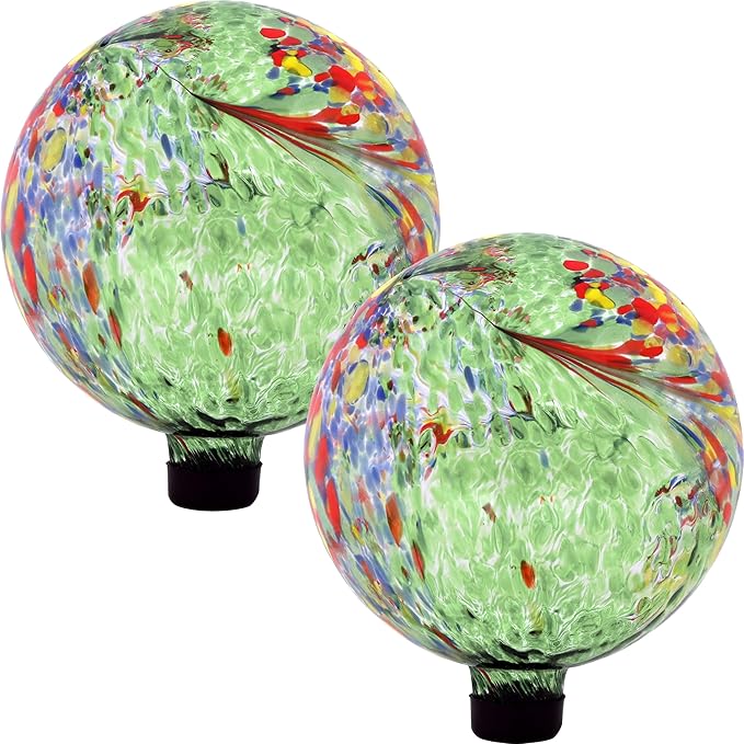 Sunnydaze 10-Inch Gazing Ball for Garden - Glass Gazing Globe for Outside - Garden Orb Yard Decor - Green Artistic - Set of 2
