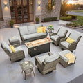 ovios 10 Pieces Patio Furniture Set, Outdoor Wicker Sofa Couch with Swivel Chairs 54" Fire Pit Table, High Back All Weather Modern Conversation Sets, Grey Rattan, Grey