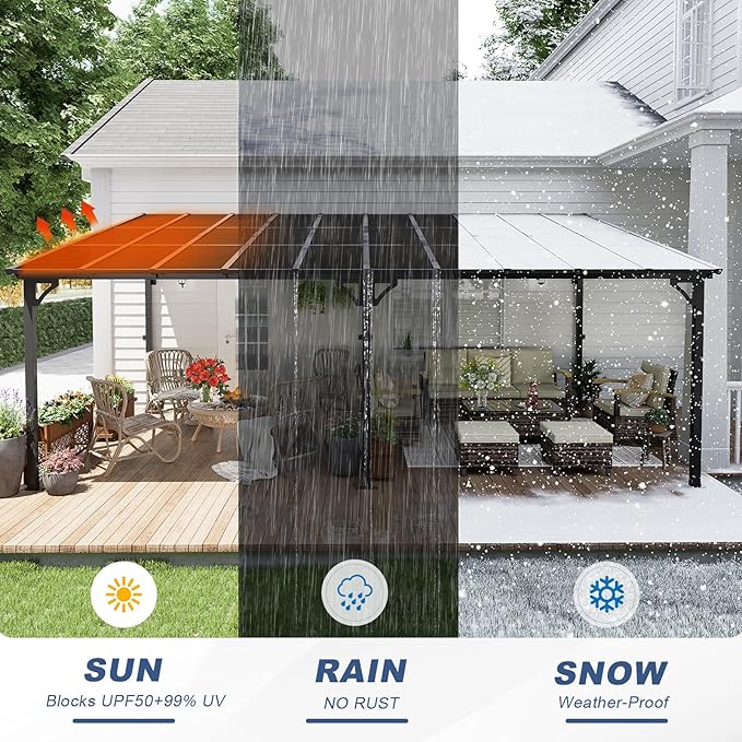 MEISSALIVVE 12' x 20' Wall Mounted Gazebo, Outdoor Pergola Gazebo, Lean to Metal Awnings Gazebos, Gazebo Pergola with Sloped Roof, Outdoor Patio Gazebo Awning, Black