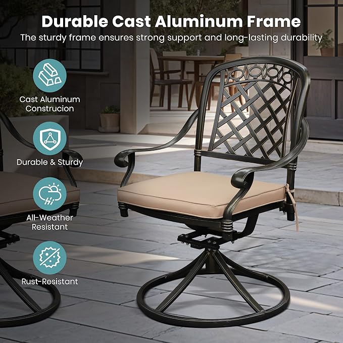 Set of 2 Cast Aluminum Patio Chairs with Cushions, All-Weather Aluminum Outdoor Swivel Chairs, Metal Outdoor Rocking Chairs for Backyard, Poolside and Bistro(Khaki, 2 Pieces)