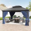 12'x14' Hardtop Gazebo,Double Roof, Outdoor Galvanized Steel Metal Gazebo with Curtains and Netting for Patios, Gardens, Lawns,NavyBlue