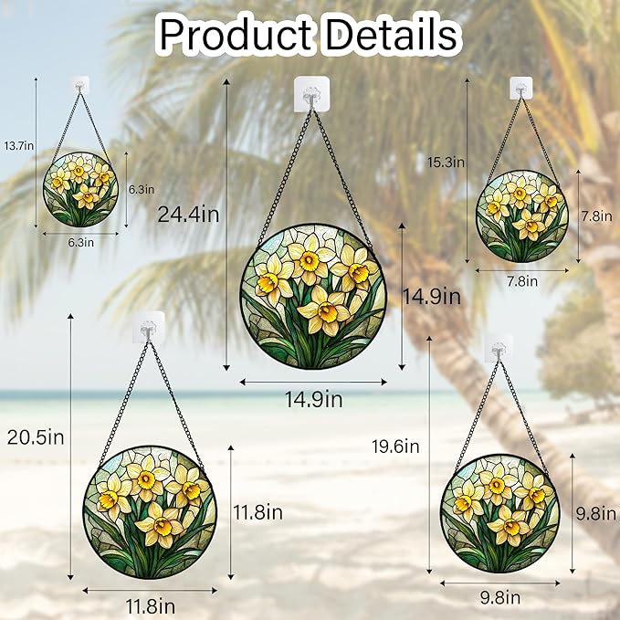 Stained Glass Window Hanging, Daffodil Plant Flowers Sun Catchers Diamond Glass Panel Hangings Suncatcher Decor for Birthday for Women, Men, Wife, Aunt, and Mom 11.8x11.8 in