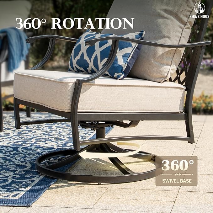HERA'S HOUSE 6 Pieces Patio Furniture Set with Fire Pit Table, 2 x Swivel Chair, 2 x Ottoman, 3-Seat Sofa with 45" Fire Pit Table, Outdoor Conversation Set for Garden Poolside Backyard Deck