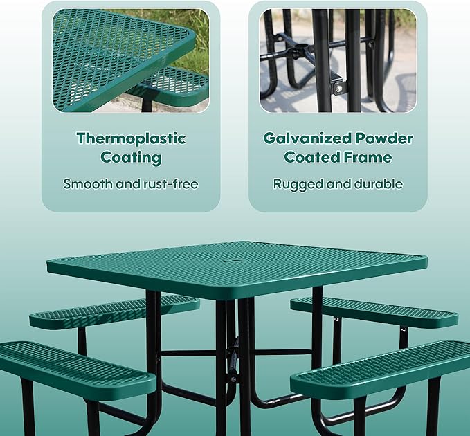 8-Person Picnic Tables for Outdoors, Industrial 46" Expanded Metal Square Picnic Table with 4 Benches & Umbrella Hole, Outside Table and Bench Set for Garden, Backyard, Porch, Patio, Green