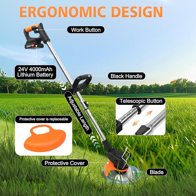 ALSO GO 24V Electric Weed Wacker, Cordless Grass Trimmer with 2 Batteries & Charger, 3 in 1 Stringless Brush Cutter/Weed Eater/Edger/Lawn Mower with 3 Types Blade & Wheels for Garden and Yard Lawn