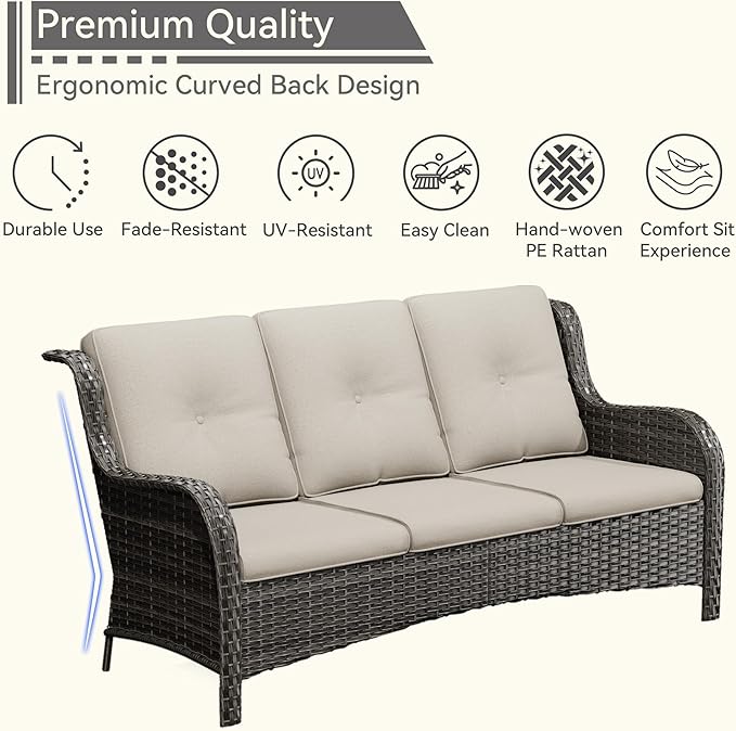 Patio Conversation Set 5-PCS Wicker Outdoor Furniture Conversation Set with 3-Seat Sofa, 2 Armchair, 2 Ottoman Patio Rattan Wicker Sectional Sofa Set with Olefin Cushion, Beige