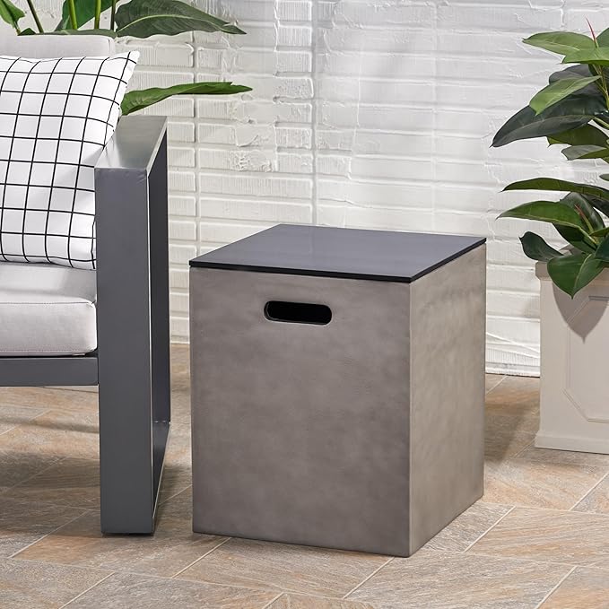 Propane Tank Cover Table for Fire Pits, 20 LB Concrete Propane Tank Holder with Side Handles, Outdoor Tank Storage Side Table for Patio, Gas Griddle, Black+ Gray, Ceramic Top