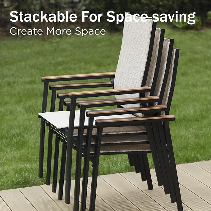 PHI VILLA Outdoor Stackable Chairs, Patio Chairs Set of 2, Light Weight Aluminum Frame with Textilene Fabric & Wood Armrest, High Back Deck Chairs for Poolside Lawn Garden, Beige
