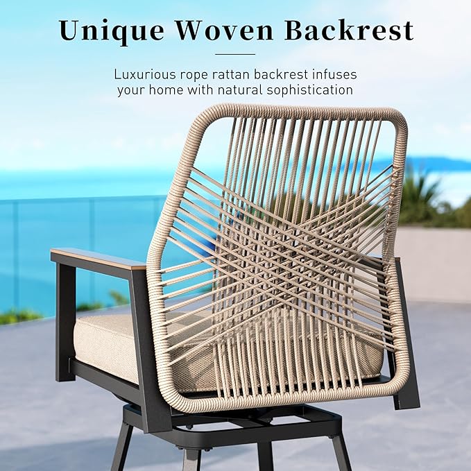 Outdoor Swivel Bar Stools Set of 2, Rattan High Top Patio Chairs with Waterproof Cushion and Armrest, All-Weather Bar Height Furniture for Outside Patio Balcony and Pool, Beige