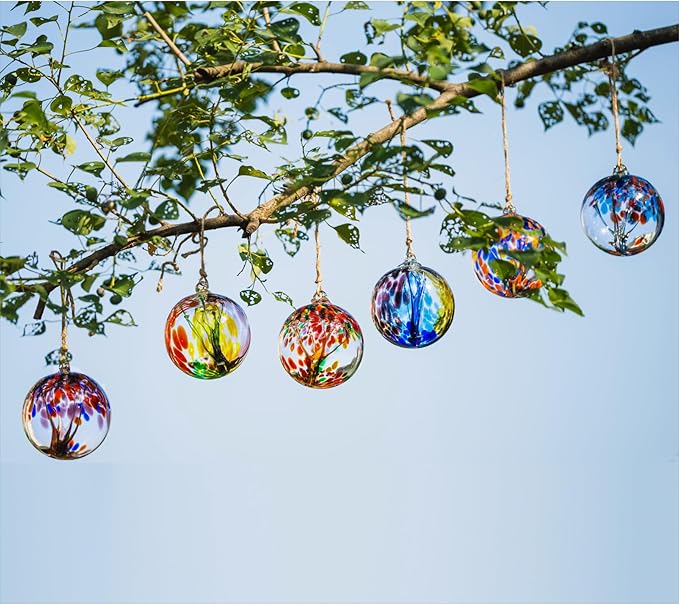 4” Tree of Life Witch Balls, Gazing Balls Hanging Friendship Balls, Hand-Blown Glass Christmas Ornament for Window Outdoor Home Decor, Garden Decoration, Gifts for Women (Purple Blue)
