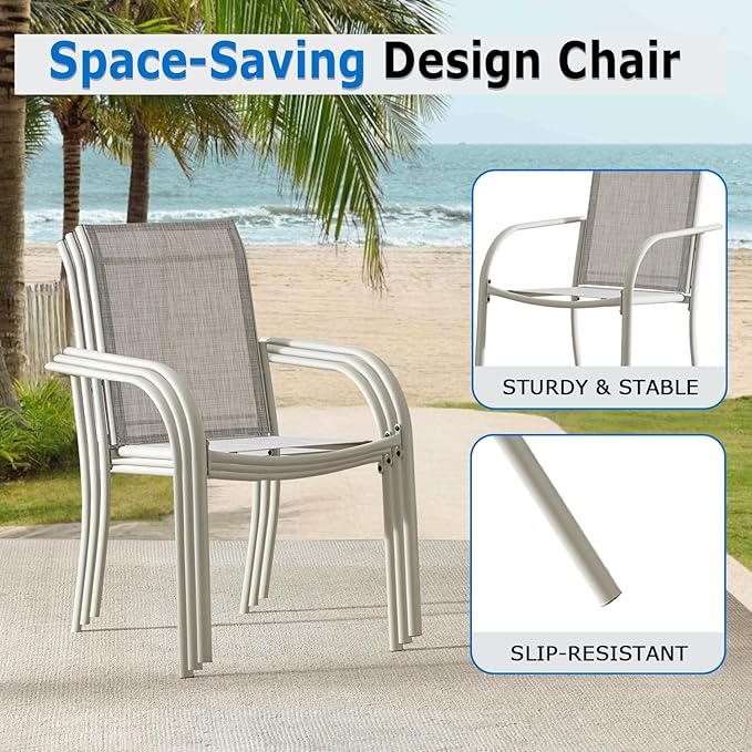 Outdoor Dining Chairs Set of 8, Stackable Patio Chairs with Textilene Fabric, Lightweight Garden Chairs for Poolside, Backyard, Camping, Grey