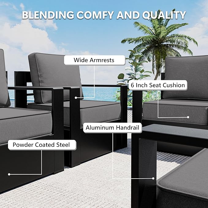 Outdoor Patio Furniture Set, 4-Piece Aluminum Patio Conversation Set All-Weather Metal Outdoor Sectional with 6 Inch Thick Cushions, Deep Setting for Garden, Outside and Porch