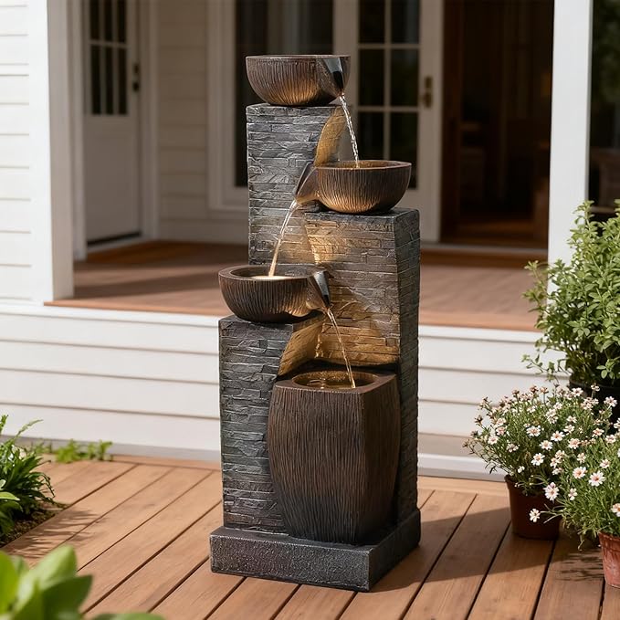 38.2" Tall Outdoor Water Fountain,Stone Texture Modern 4 Tiers Cascading Bowls Garden Fountains Outdoor,Suit for Patio, Deck, Porch, Lawns, Backyard and Home Art Decor