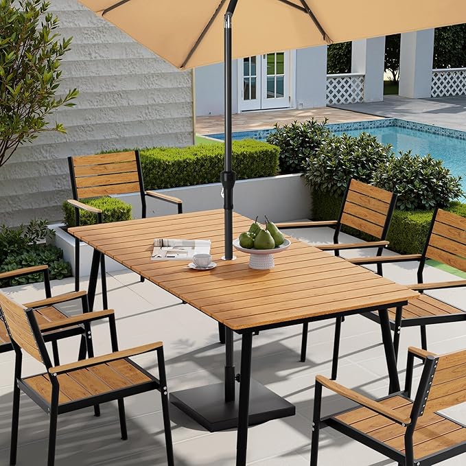 Outdoor Dining Table for 6, 70inch Patio Dining Table with Wooden-Like Top and Aluminum Frame, Rectangular Table with Umbrella Hole Outdoor Furniture, Brown