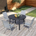 5 Pieces Round Dining Table Set for 4, Patio Dining Set Includes 4 Beige Blue Stackable Patio Chairs and 1 Black Round Table, Patio Furniture Setss with Sling Support for Outside, Garden