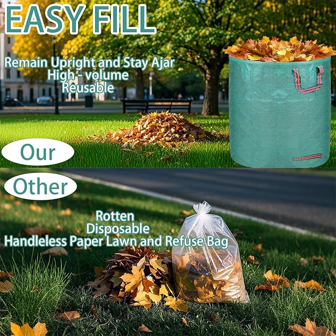Reusable yard waste bags. 72-gallon large leaf bags(3-pack) Heavy-duty yard garden bag. Leaf bags with 4 handles that can stand upright. Great for collecting leaves and grass clippings