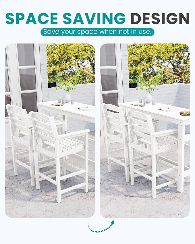 SERWALL All Weather HDPE Outdoor Patio Bar Set, Outdoor Bar Table and Chairs Set, Adirondack Bar Chairs Set of 2 and Bar Height Table, Outdoor Furniture for Outside, Poolside, Backyard, Garden, White