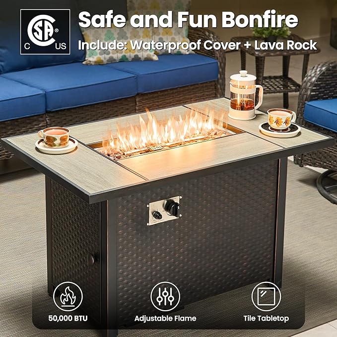 ovios 8 Pieces Patio Furniture Set, Outdoor Wicker Sofa Couch with Swivel Chairs 42" Fire Pit Table, High Back All Weather Modern Conversation Sets, Brown Rattan, Navy Blue
