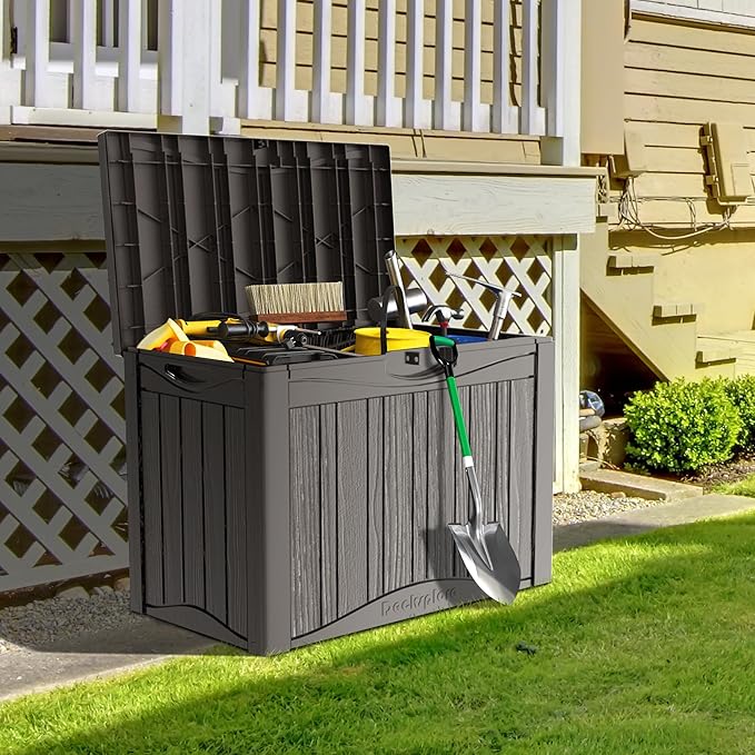 50GAL Brown Deck Box with Special Pattern & Lock Hole – Waterproof, SGS - Approved UV Resistance, Stylish Storage for Outdoor Cushions & Decor, Effortless Assembly